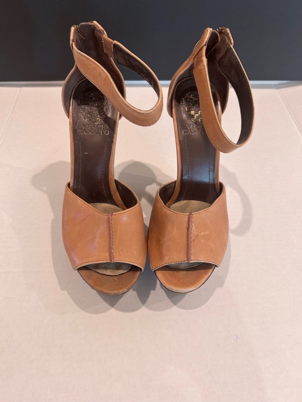 Vince Camuto Brown  Bailer Leather Open-Toe Ankle-Strap Platform Heels 6.5